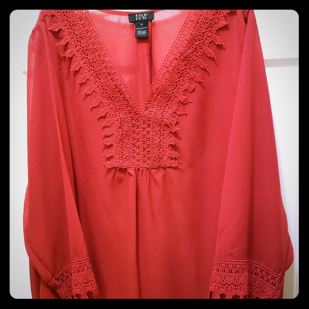 DM Donna Moore Red Sheer Blouse